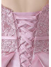 Scoop Neck Pink Lace Satin Knee Length Prom Dress